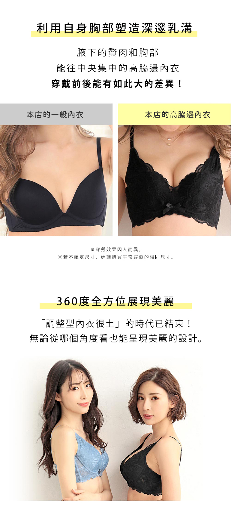 ②自分本来の胸で谷間復活(脇のお肉・バストをしっかり集めて中央へ寄せる脇高ブラだから同じモデルでもこれだけ違う!※効果には個人差がございます。※サイズに迷われた場合は、普段と同じサイズをお勧めしております。)③後ろ姿まで360°美しい(「補整ブラはダサい」時代は終わり!どこから見てもキレイなこだわりのデザイン。)