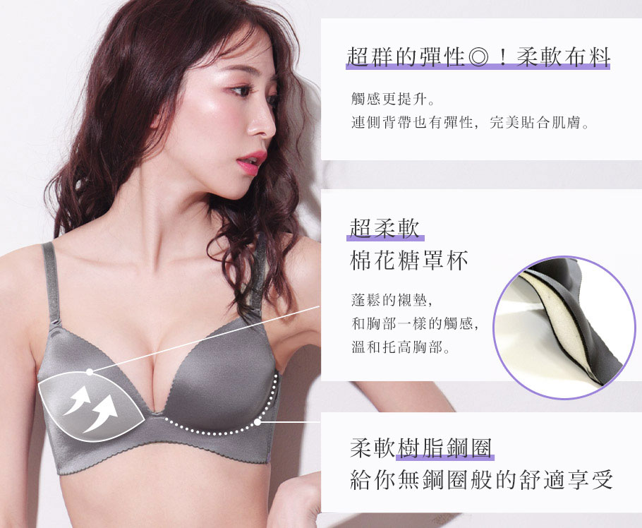 ふかふか下厚パッド谷間メイク、やわらか樹脂ワイヤーでノンワイヤーのような着けごこち、脇高設計＆サイドボーンが脇肉を逃さない